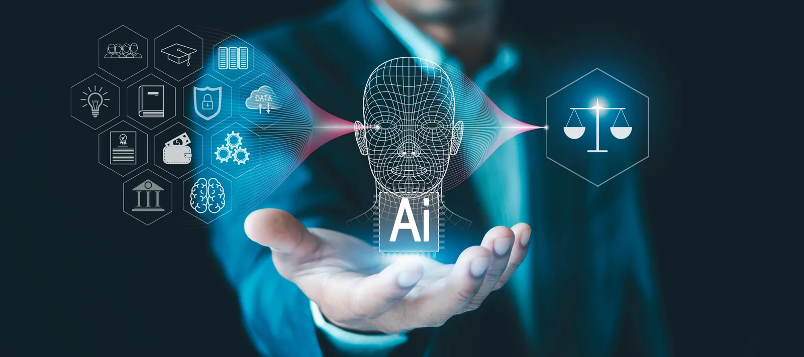 A glowing outline of a human head labeled AI above an open hand, linked to icons for law, security and data and to the scales of justice
