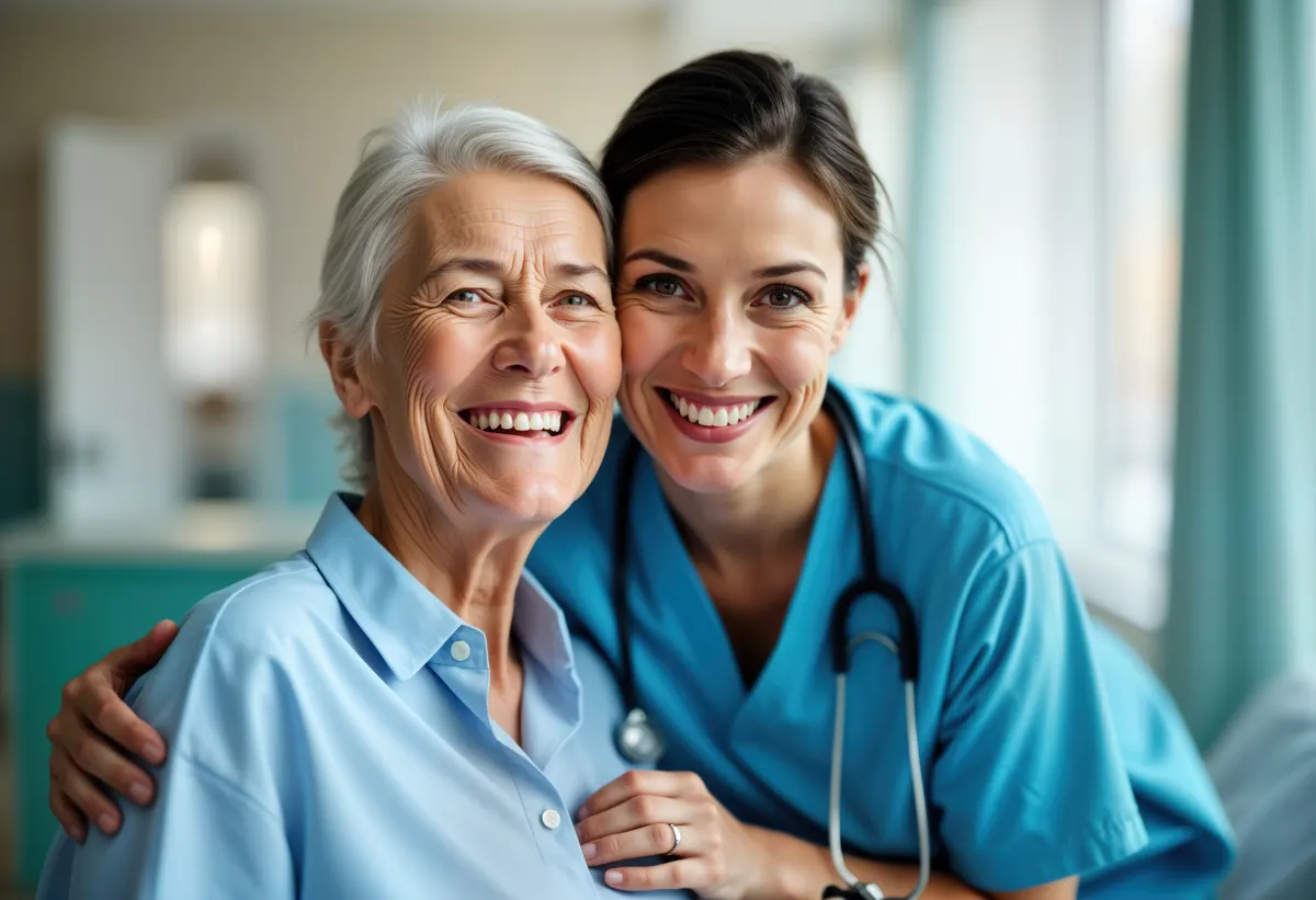 A smiling nurse and an older patient sitting close together at home