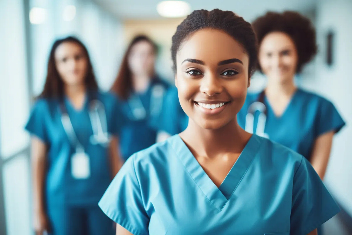 A smiling nurse in scrubs with colleagues behind her in a hospital corridor